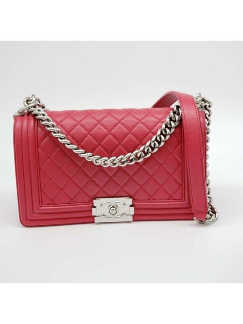 Authentic Chanel Boy Bag Red Quilted Leather Medium Flap Silver Chain CC Logo - Picture 2 of 16